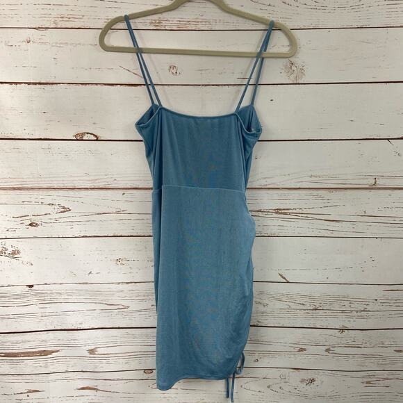 Windsor L Baby Blue Textured Tie Up Ruched Square Neck Mini Cocktail Dress - Picture 5 of 7